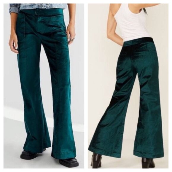Free People Pants - Free People Emerald Green Velvet Sz 4 Walk With You Trouser Flare Pants Mid Rise